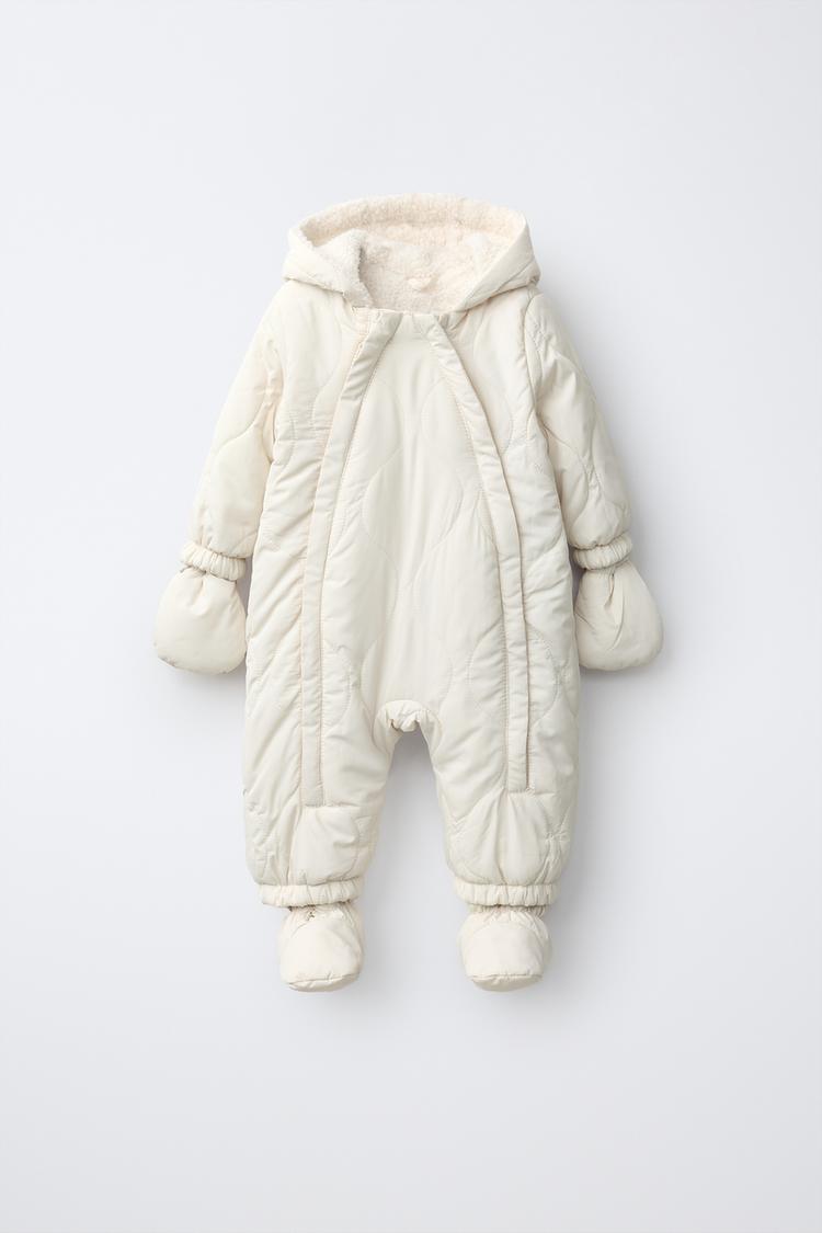 PADDED SHEARLING HOODIE JUMPSUIT — Ecru
