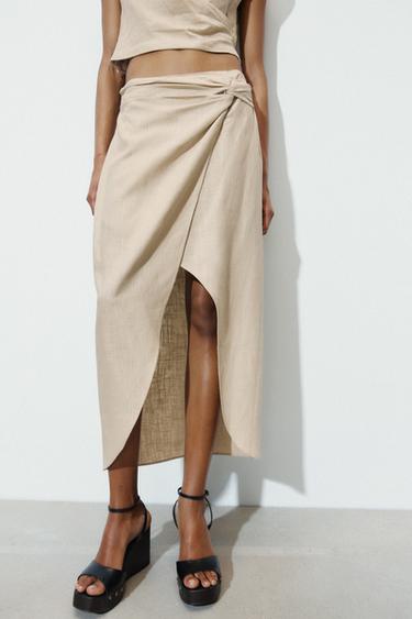 LINEN BLEND KNOT MIDI SKIRT - Sand by Zara