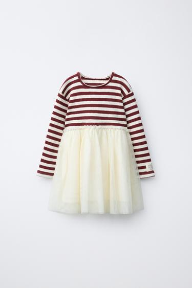 VESTIDO COMBINADO TUL Y RAYAS - Burgundy de Zara