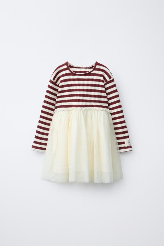 CONTRAST TULLE AND STRIPED DRESS - Burgundy by Zara - Image 0