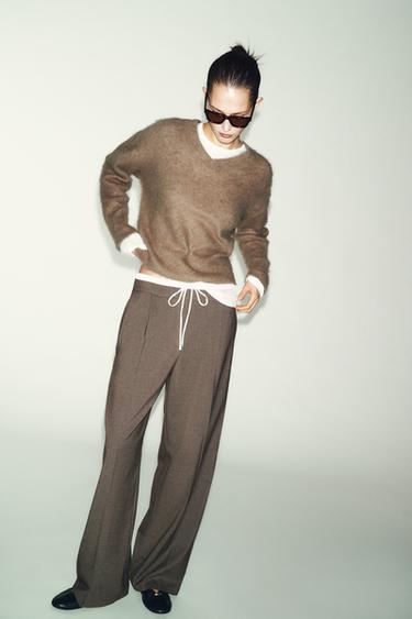 Zara DOUBLE WAISTBAND WIDE-LEG PANTS - Mocha