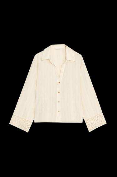 Zara GUIPURE LACE SLEEVE SHIRT - Ecru - Image 0