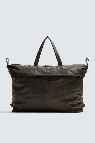 Zara CRACKLED LEATHER TRAVEL BAG - Black