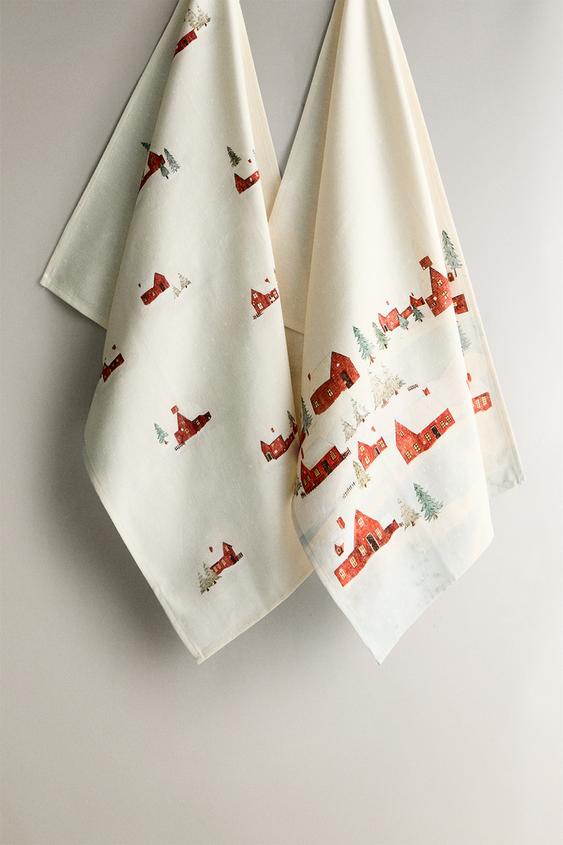 PACK OF CHRISTMAS HOUSE PRINT TEA TOWELS (PACK OF 2) 米色 ZARA Hong