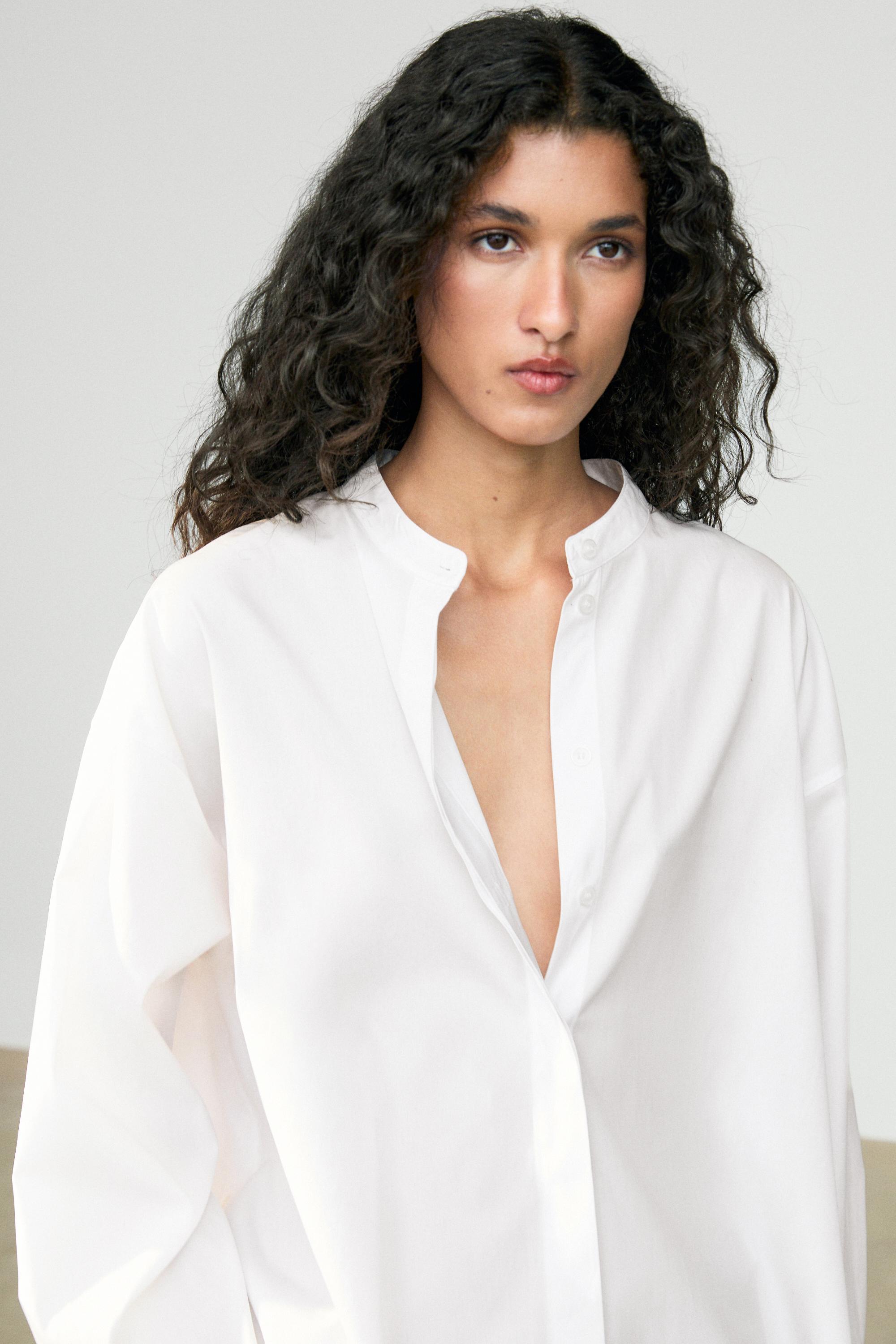 Poplin shirt with stand collar