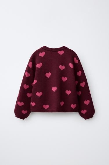HEART PRINT CARDIGAN — Burgundy 2
