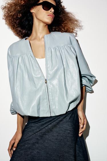 Zara FAUX LEATHER BALLOON JACKET - Sky blue