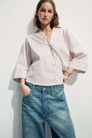 Zara STRIPED SHIRT - taupe brown
