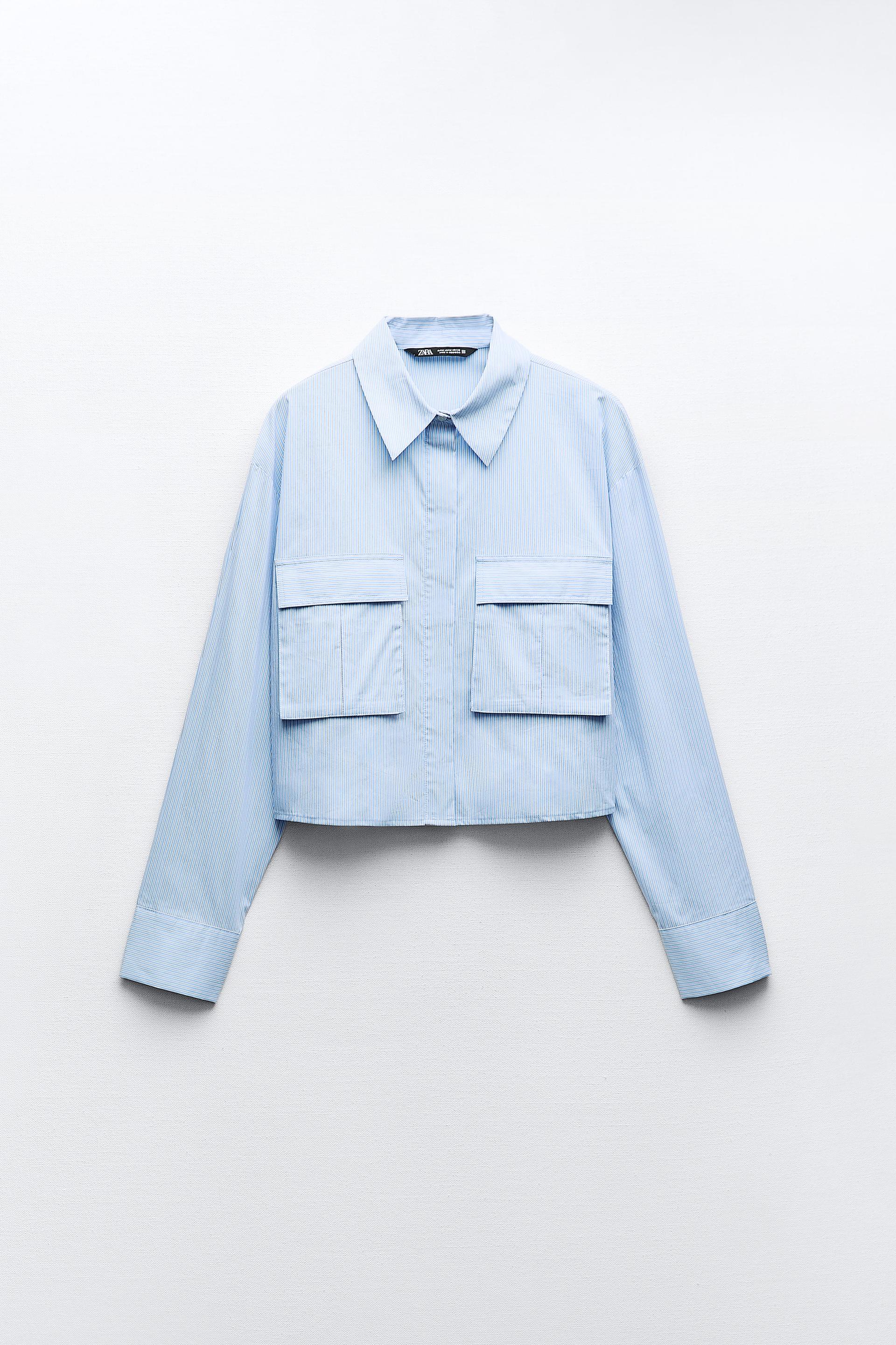 Flap-Pocket Crop Button-Up Shirt in Poplin