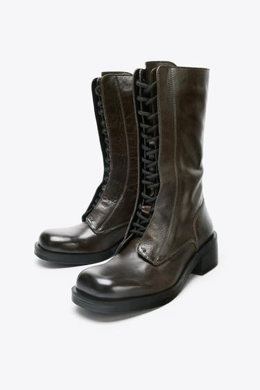 LEATHER LACE-UP ANKLE BOOTS - Khaki Green by Zara - Image 3