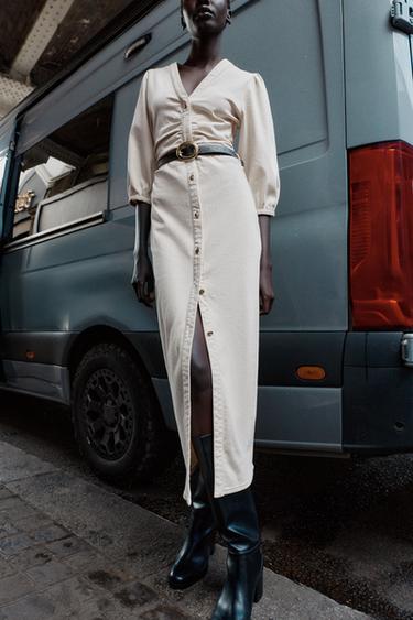MIDI DRESS WITH PUFF SLEEVES AND BELT - Ecru by Zara