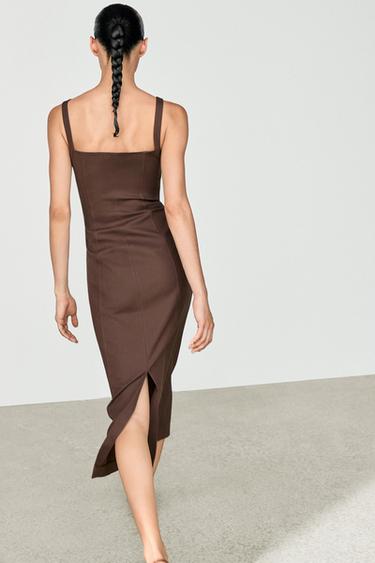 Cotton blend strappy midi dress — Brown 1