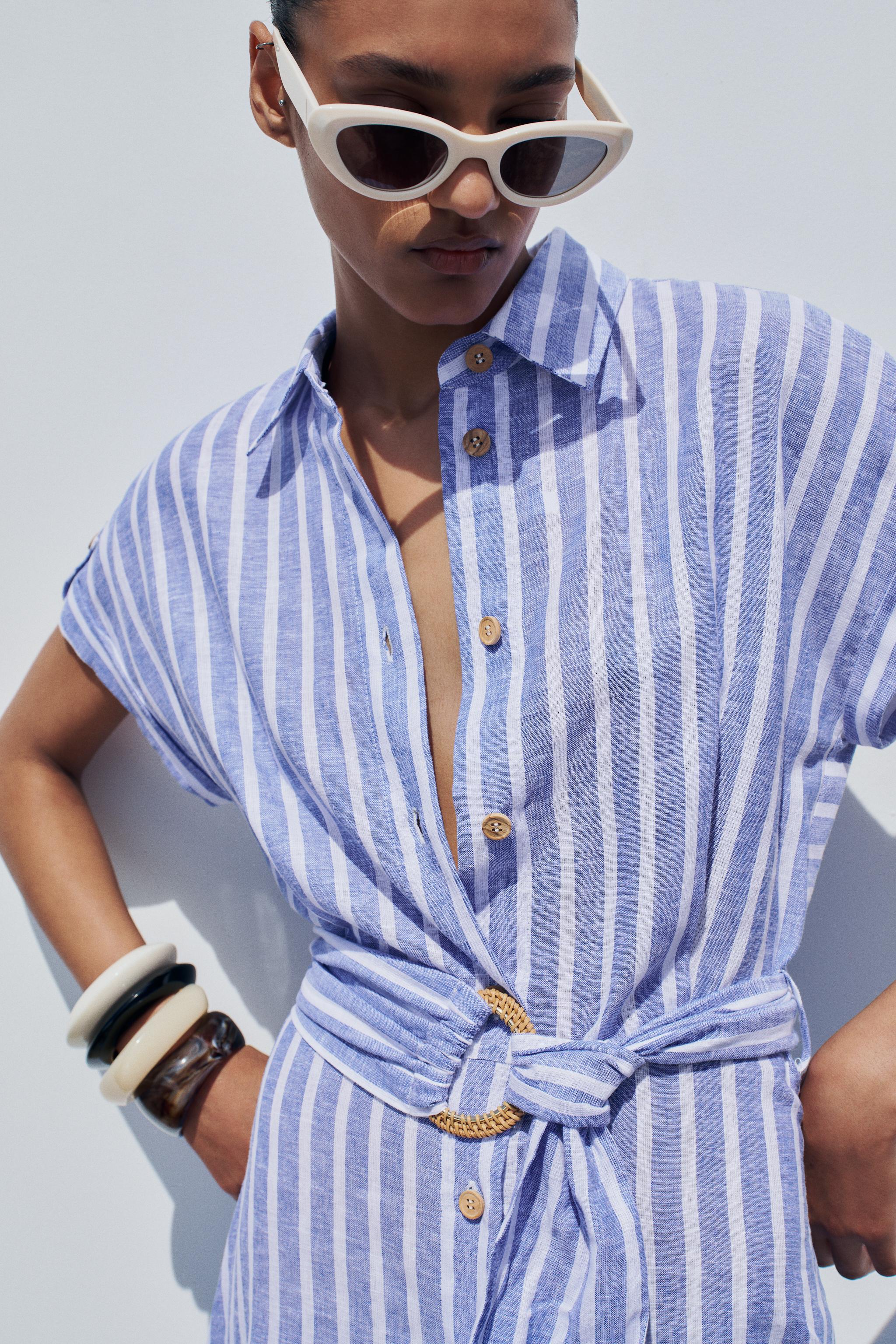 STRIPED LINEN BLEND MIDI SHIRT DRESS