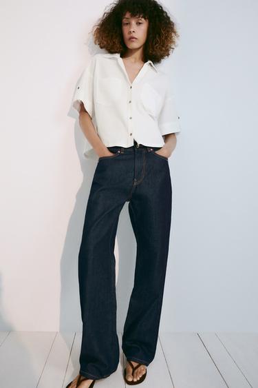 Zara LINEN BLEND BUTTONED CROPPED SHIRT - Oyster-white