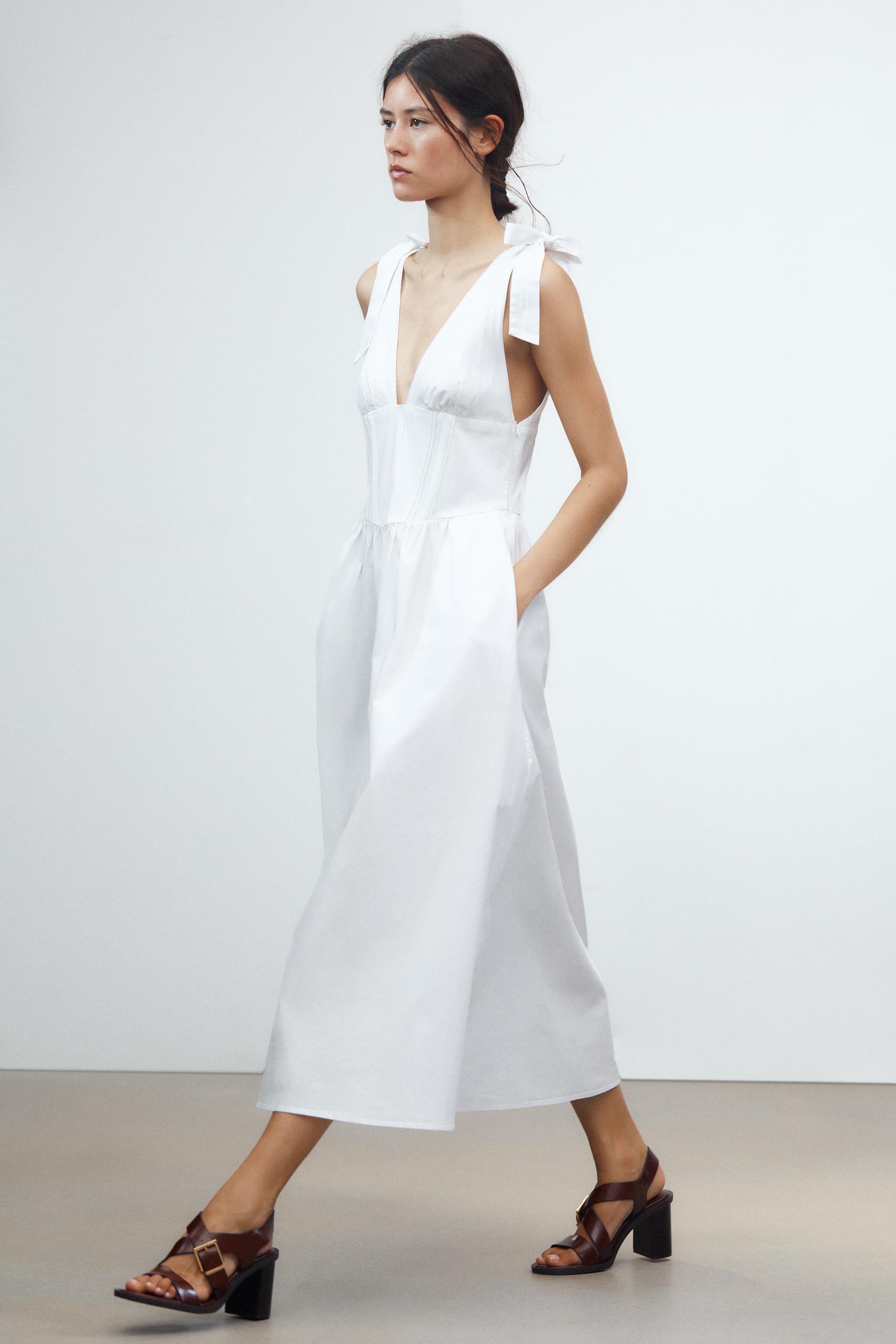 POPLIN MIDI DRESS WITH TIES - White | ZARA Australia