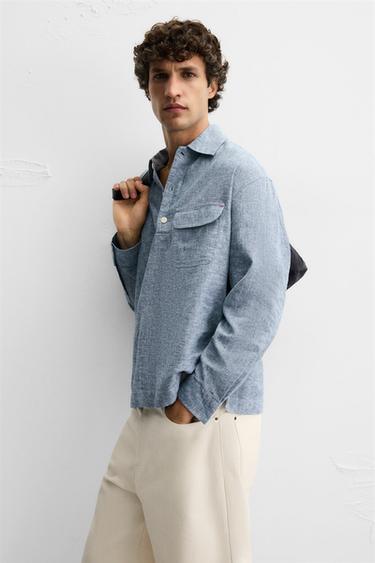 LINEN/COTTON POLO SHIRT - Blue by Zara - Image 6