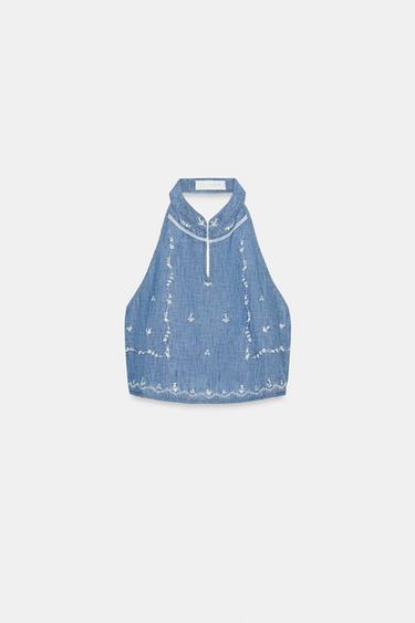 EMBROIDERED HALTER TOP - Light blue by Zara - Image 4