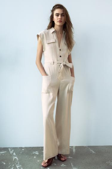 WIDE-LEG LINEN JUMPSUIT WITH BELT - Sand by Zara - Image 0