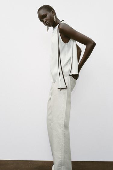 TOP SATINÉ NŒUD LISERÉS CONTRASTE - Écru / Marron de Zara - Image 2
