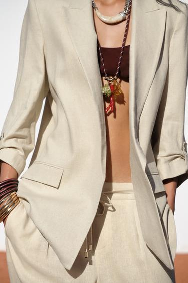 Zara LINEN BLEND BLAZER WITH ROLLED-UP SLEEVES - Light beige