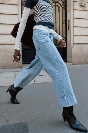 Zara Z1975 WIDE LEG CROPPED HIGH RISE JEANS - Light blue