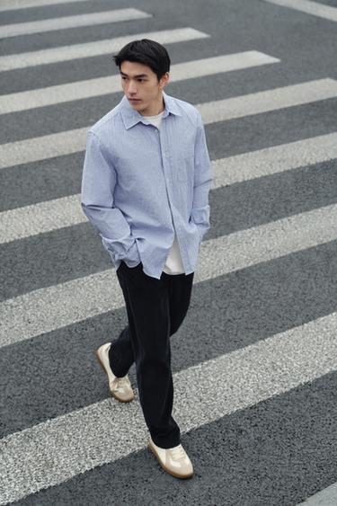 Zara 皺褶效果條紋襯衫 - 藍色 / 白色