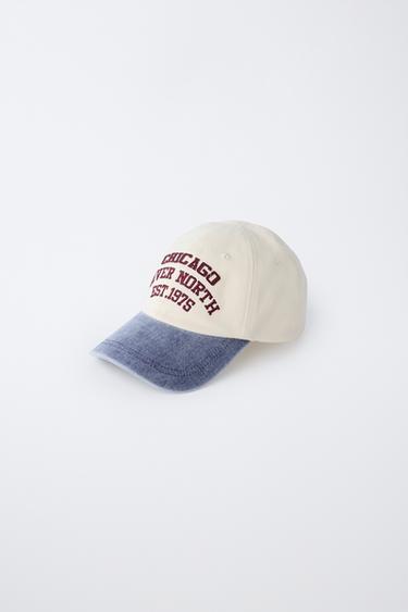 Zara EMBROIDERED VARSITY TEXT CAP - Ecru / Navy