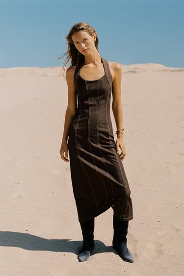 Z1975 DENIM HALTER MIDI DRESS - Brown by Zara