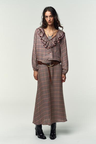 CHECKED BLOUSE WITH RUFFLES - Brown / Ecru by Zara - Image 0