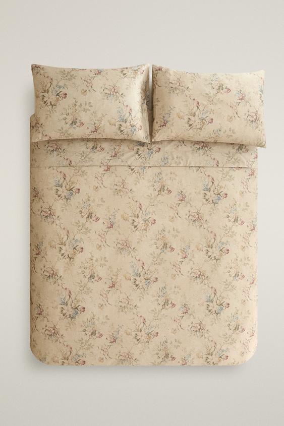Zaras BLOMMIGT PÅSLAKAN I SATIN (TRÅDTÄTHET PÅ 300) - Beige - Bild 0