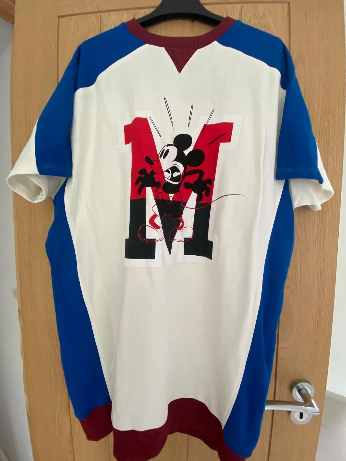 White T-shirt with blue sleeves and a burgundy collar, printed with a cartoon character over a red and black letter "M", hanging on a door.