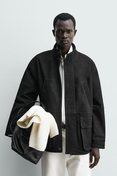 RELAXED FIT PARKA I LÆDER - koksgrå fra Zara