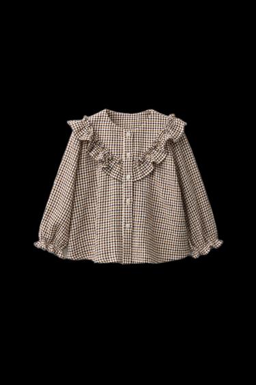 BLUSE MIT KAROMUSTER UND VOLANTS - grau-beige von Zara - Bild 0