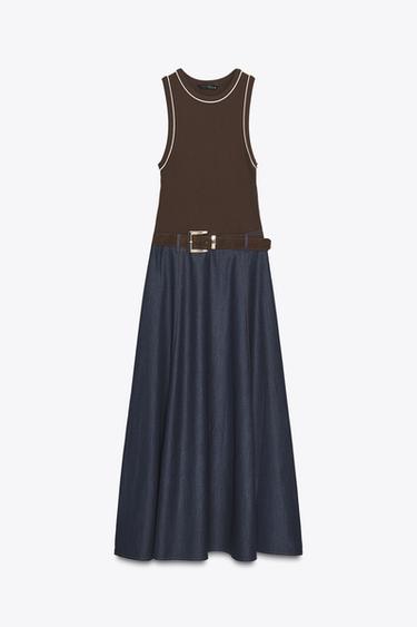VESTIDO MIDI COMBINADO CINTURÓN - Marrón de Zara