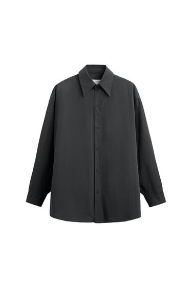 Black long-sleeved shirt with front buttons and classic collar, on a white background.
