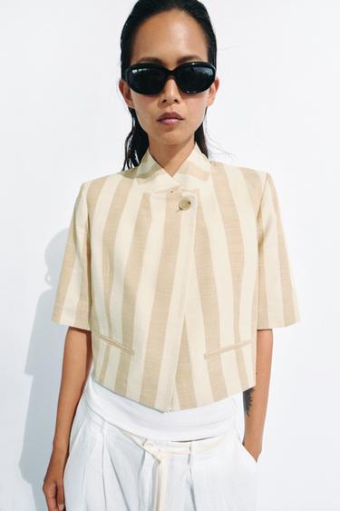ZW COLLECTION CROPPED SHORT SLEEVE BLAZER - Ecru / Beige by Zara