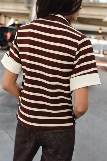 TOP POLO RAYURES BIMATIÈRE - Écru / Marron de Zara - Image 4