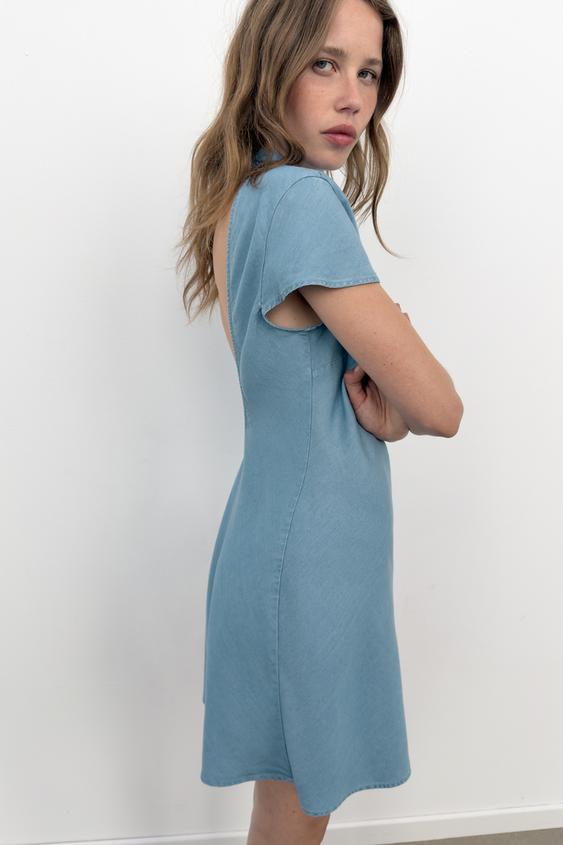 short blue dress zara Z1975 PUFF SLEEVE MINI DENIM DRESS - Blue
