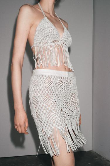 100% LEATHER BRAIDED FRINGE SKIRT - Pearl grey by Zara