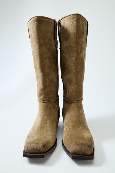 TOPSTITCHED SPLIT SUEDE BOOTS - Grey by Zara