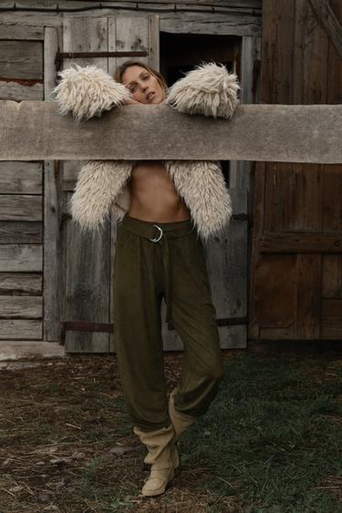 Zara FAUX SUEDE BALLOON PANTS - Khaki - Image 0