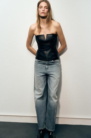 FAUX LEATHER V-NECK BARE SHOULDER TOP - Black by Zara - Image 0