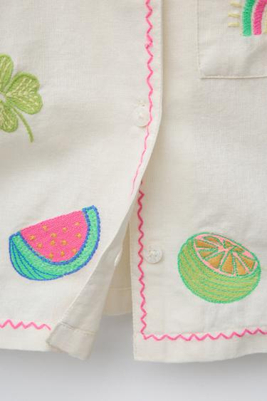 LINEN BLEND SHIRT WITH DIFFERENT EMBROIDERIES - Ecru by Zara - Image 3