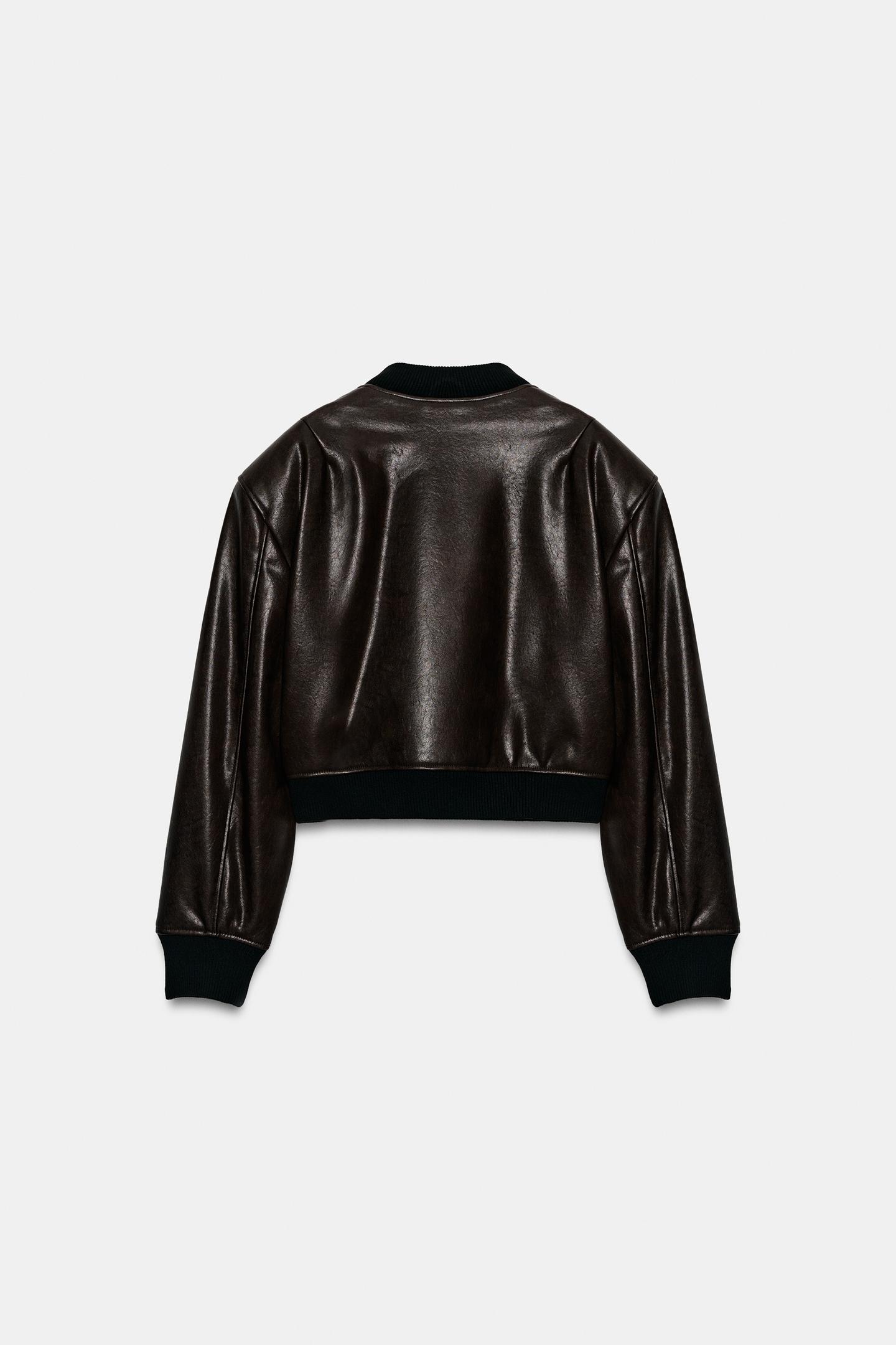 Женская куртка Zara Faux Leather-Effect Bomber, цвет: Коричневый — фото 7