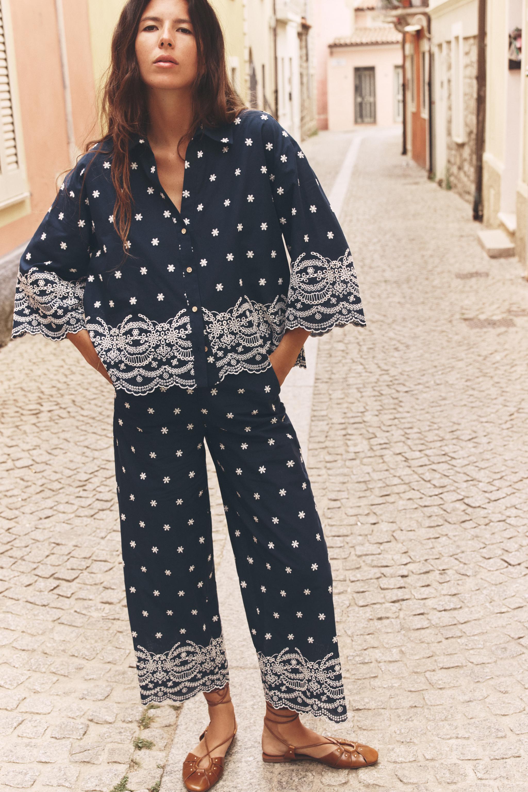 刺繍入りキュロットパンツ - 青色/白色 | ZARA Japan / 日本