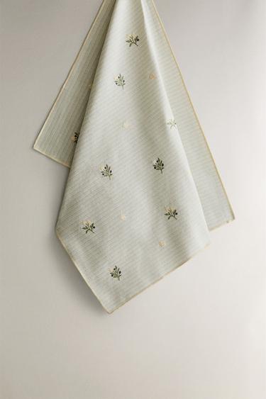 EMBROIDERED COTTON TEA TOWEL - GREENISH by Zara