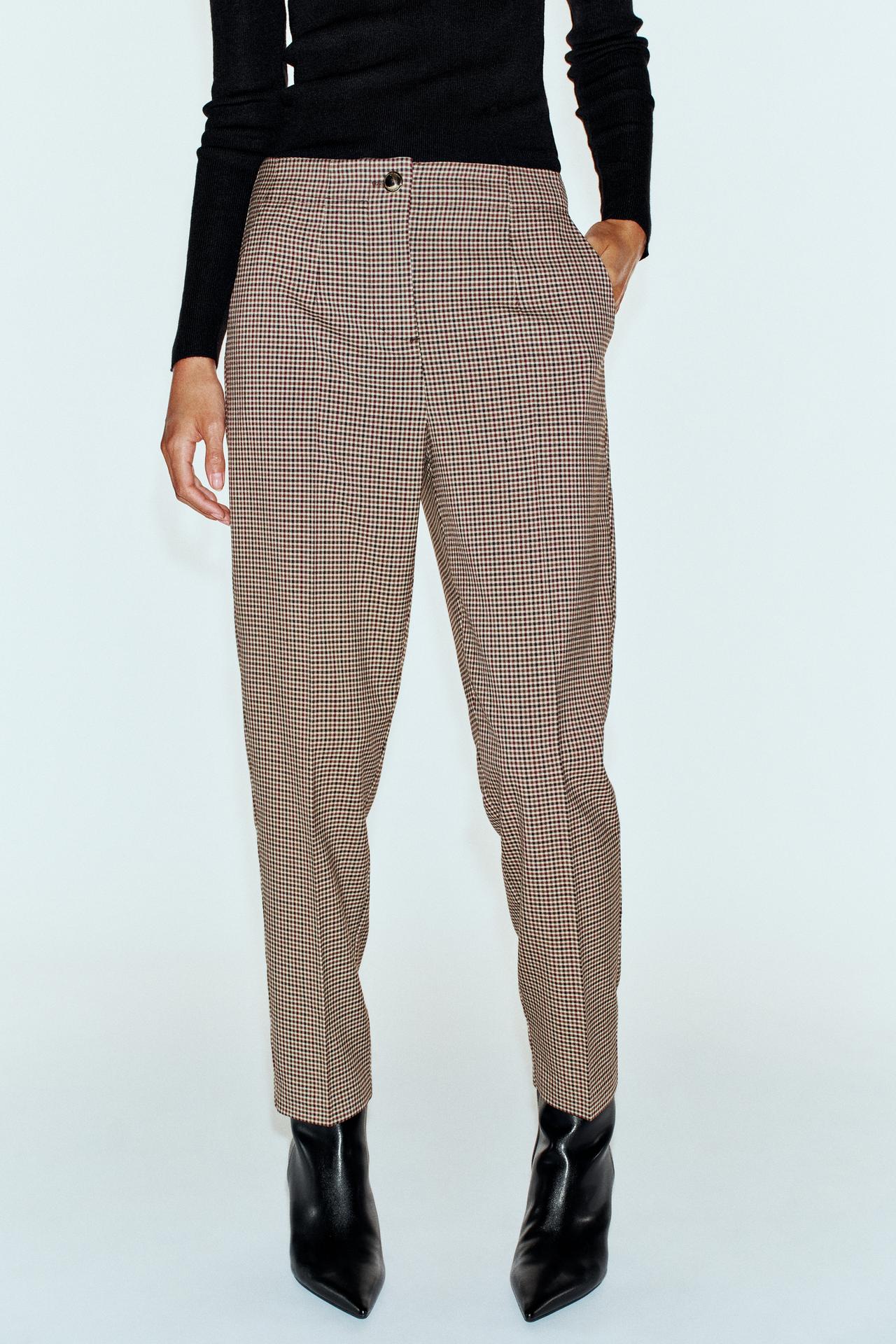 HIGH-WAISTED ANKLE-LENGTH PANTS — Brown / Ecru