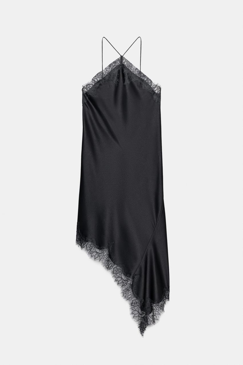 ZW COLLECTION ASYMMETRIC LACE SATIN DRESS - Dark grey | ZARA South Africa ZW COLLECTION ASYMMETRIC LACE SATIN DRESS - Dark grey | ZARA South Africa
