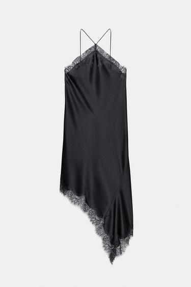 ZW COLLECTION ASYMMETRIC LACE SATIN DRESS - Dark grey by Zara - Image 0
