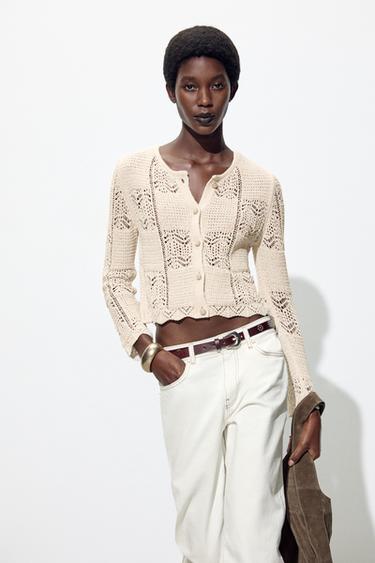 POINTELLE KNIT CARDIGAN - Ecru by Zara - Image 1